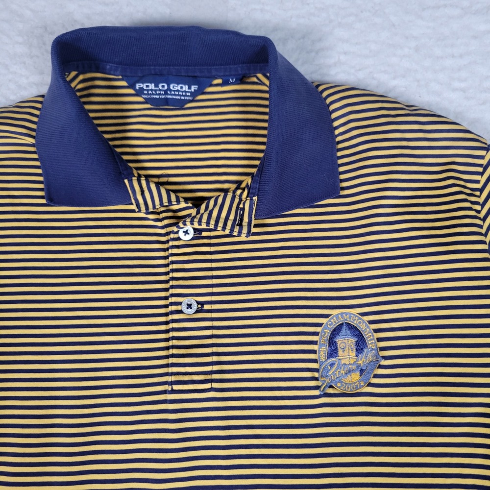 Polo Golf Ralph Lauren Polo Shirt Mens Size M Yellow Navy Stripe 2007 PGA Patch